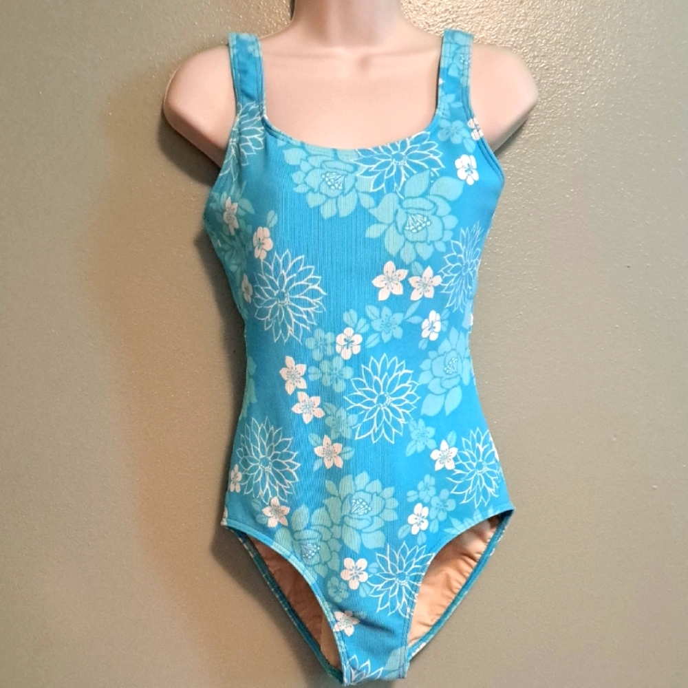 Blue Floral Swimsuit 1 Piece 14 Long